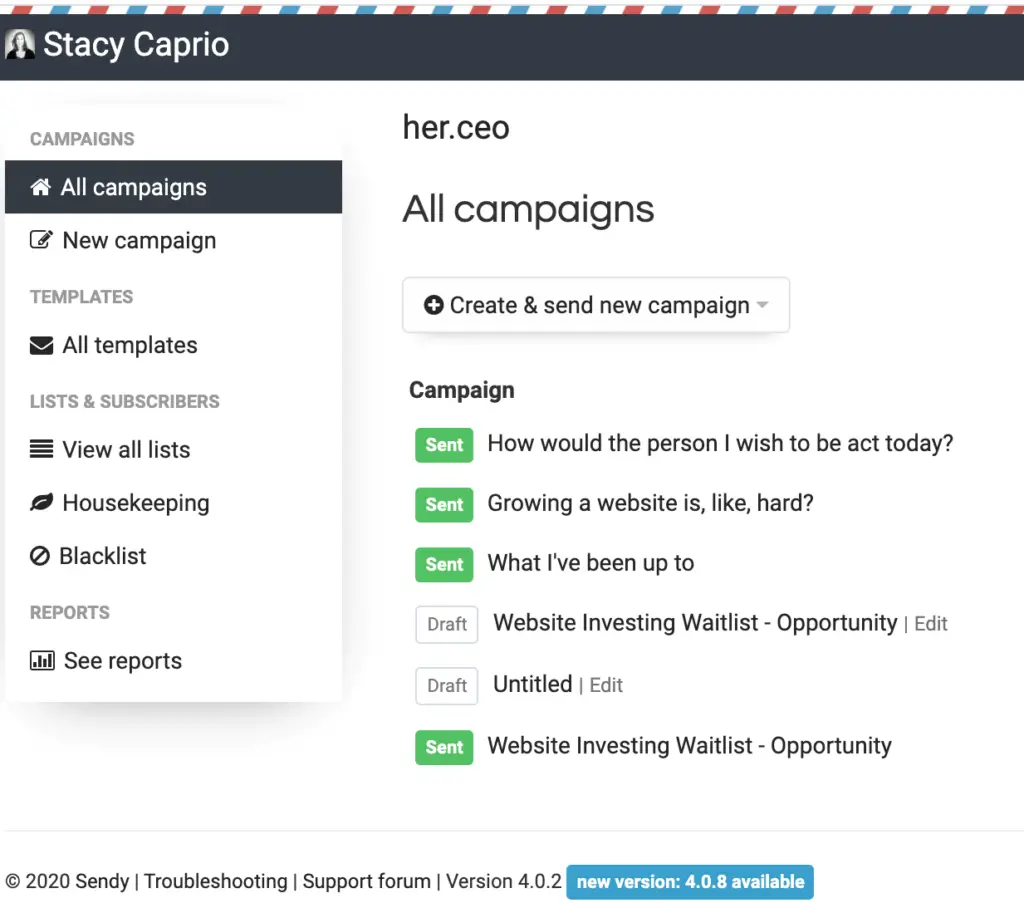 Sendy Dashboard Screenshot by Stacy Caprio - Her.CEO