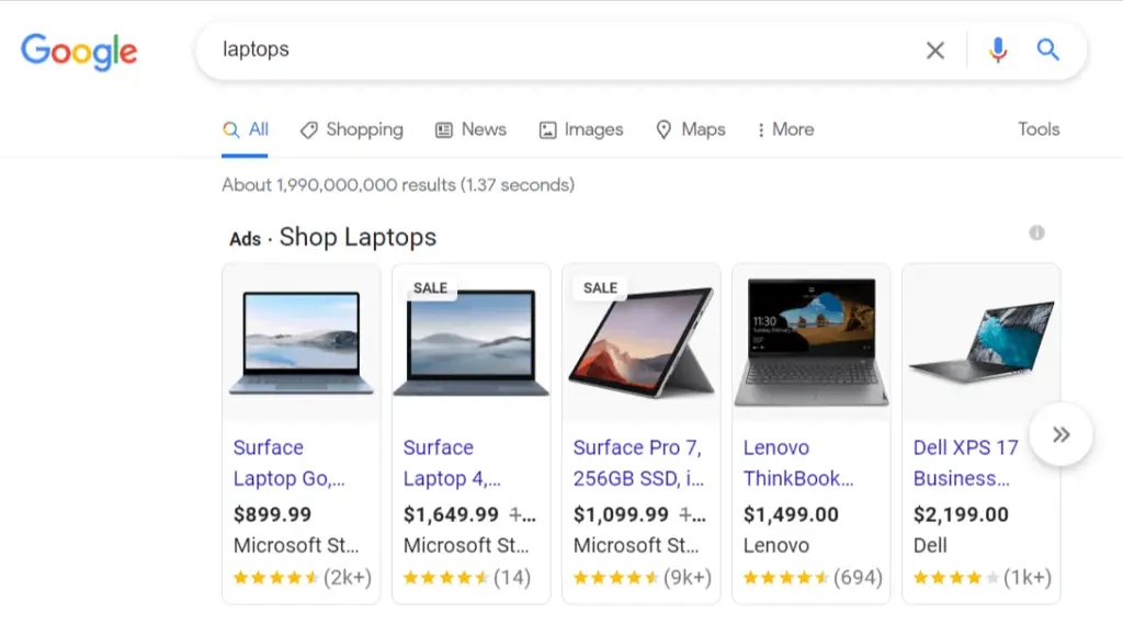 Google Shopping Ads Sample Screenshot